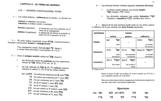 CAPÍTULO V: EL VERBO EN GENERAL
§ 23. - DMSIÓN, CONJUGACIONES, VOCES
1. - Los verbos hebreos -trilíteros por lo común- se dividen en
activos, si expresan una acción,
estativos, si indican estado o cualidad.,
fuertes (regulares), si mantienen sus tres radicales en el
curso de la conjugación;
débiles (irregulares), si alguna de sus letras se asimila se
. ,
elzde (cf. § 8) o quiescit (cf. § 2).
2. - El ;erbo hebreo comprende varios C"~~~~ (<<construcciones»),
llamados comunmente formas o conjugaciones: .
Una ~onjugación simple, llamada Qal Ó¡? «ligero»),
y vanas otras derivadas o aumentadas (cf. 4 y 5).
3. - Como el antiguo modelo verbal era "t'E; (<<hacer»),
las formas derivadas se nombran con las respectivas
formas de "t'E;: Nif'al, Pi ''el, etc. (cf. 5);
las tres radical~s de "t'E; (!:l, l' y ") indican respecti-
vamente la radIcal la, 2a y 3a de los verbos débiles:
Así, sonN"!:l
""!:l
1"!:l
'''1'
""1'
1'''1'
N""
M""
los verbos que empiezan por N como "~N.
, - T ,
los verbos que empiezan por", como ~W~;
los que comienzan por ~ como "!:l~.
, - T'
los de 2
a
radical" como rlJ;:!l, C~p;
los de 2
a
radical ", como 1"~;
los que repiten la ~ radical como ~~O.
, - T
los que terminan en N como N"O.
, .. T'
los que terminan en M como n"~.
, T T'
4. - Las diversas formas verbales expresan acciones diversas:
La forma simple expresa una acción simple:
,~~ «rompió», M~O «vivió»;
las derivadas expresan una aCClOn intensiva ('~~
«trituró») o causativa (M~OiJ «vivificó, hizo vivir»).
5. - .Alguna de las tres acciones puede estar en voz activa, pasiva
o reflexiva; de lo que resultan las siete formas siguientes:
acciones voces
activa pasiva reflexiva
Qal "~i? Nif'al "~i?~
simple -
mató se suicidó,
fué muerto
Pi "el "~p Pu "al ,,~V Hitpa"el "~¡?D0
.intensiva
mató fue asesinado se suicidó
ferozmente cruelmente atrozmente
Hit' il ".,tpi?0 Hof'al "~i?O
causativa -
hizo matar fue movido a
matar
Cf. Joüon, § 40 a.
Existe un pasivo de Qal cuyo perfecto (cf. § 24,1) coincide con el Pu 'al, y
cuyo imperfecto coincide con el de Hofal.
('!):;')
Muy pocos verbos tienen todas las conjugaciones; los diccionarios registran las
que tiene cada verbo y sus distintos significados.
Ejercicios
,t)::;) rlJ~" (I::lnl.;) cn"~ i~" N:!l~
- T T •
.... - T - : .
<
'l?~ n"~~ 'W:!l
l;'~ i~~
...... T T
 