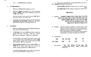 58
§ 27. - COHORTATIVO y YUSIVO
1. - El cohortativo:
~ Expresa un deseo de la la pers. (sg. y pl.).
Resulta de añadir la aformante iI a las la 8 personas
del i~f.: iI'Tttt¡~ «quiero (voy a) ob~ervar, observe yo»;
iI'~tl.'~ «observemos».
T : ; •
Como dicha afonnante toma el acento, la oanterior ('b~2$, 'b~~), en
sílaba átona y abierta, --t ~ (cf. § 26, 2 nota).
Va seguido con frecuencia (como el ipv.) de la partícula
deprecativa N~: Nril'Tttt¡~ «observemos, por favor»,
<permítasenos observar» (en M~, diiges euphonicum).
2. - El yusivo:
~ Expresa un deseo respecto de aa& (y aun 2a&) pers. (sg.
y pl.): observe él, observen ellos.
Es idéntico al ipf., pero abrevia su forma cuando es
posible: il7~~ (ipf.) «revelará» ~ ,,~~ (yus.) «revele»;
<
C~p~ (ipf.) «se levantará» ~ C~~ (yus.) «levántese».
No cabe abreviación en el ipf. Qal del verbo fuerte, de fonna que Ipf.
y yuso son idénticos (sólo el contexto detennina, por tanto, si t!)!~~
significa <<juzgará» o <<juzgue»). Pero cabe la abreviación en Hi: r"tpi?~
(ipf.) «hará matar», r,~i?~ (yus.) «haga matar».
Impera negativamente a 288
pers. mediante ,,~ (<<no»):
~"tpi?t:1 ,,~ «no matéis (ahora, esta vez»>. (El ipv., en
cambio, impera positivamente: 'btt¡ «observa»).
La prohibición absoluta, propia de la ley, usa "r, + ip{., fónnula que
parece más solemne: n~'M"r, «no matarás (nunca»>.
...
59
3. - Coh. y yus., precedidos de I y otro modo volitivo (coh., yus., o
ipv.), significan finalidad o consecución:
C:?,.,~~ iI;~rvttl .,~~ ~::l~rv «volvéos a mí y me volveré a voso-
/tros»;
Ctg iI;tt¡~1 Cip~ .,~-~~t;1~ «dénme un lugar para habitar allí.
Ejercicios
1) Traducir: :1Pr:'1~tt¡~~ .,t:1r:'1~tt¡~ C"!}~ .,~ ];t~lll ilr,~ n"}~ ilt:l'=?~
:~i?tlJij 1"~~ ~Mtp~ ~~r:1~~ .,~ ~~P.,:;C";::i"~ "~,tt¡~ 1~1l iI,=?t
:1P~~-C~ to~tt¡~ t:l.,W~ N" .,~ 1~~"~~ .,~.,~ iljil7 toEltt¡~
:C:1"-"1' "n,in-nN iI::ln~N CMiI C"~lIiI "'MN
IT' - • T ... T:;',o •• T • T - o. -1 -
:it;'l~~r"~ ';':1 ,~~ ,;.,ij ~~~ij Nr'~,~
2) Traducir: Dijo Dios: Domine el hombre en toda la tierra, en los
mares y en cuanto contienen (= "yen cuanto [hay] en ellos").
Guardaré en mi corazón todos los preceptos de tu boca.
Que el rey juzgue a tu Pueblo con justicia.
No recordéis a dioses que no conocieron vuestros padres.
No derrames en la tierra la sangre de tu hermano.
3) Vocabulario:
'NrD ,::lrD (nnlll) nMrD~
- T - T
.. : .
1':1tD~ ilMtD lW
(l':llll) .. : . T T
Sal 146,1.2a: .,lIM:1 iI'iI" iI""ilN
en.."~i-~da; al-Seftor Aiabe~;¿
mientras-viva;
lNl ,,~,
......
< <
::ljp' llj
:iI'iI"-nN .,tD~~ """iI
al~Sefior!" alm'a:~ía, iAiab~,
 