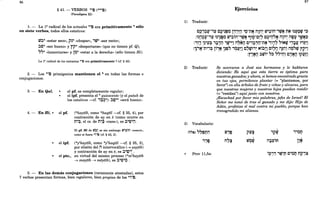 86
§ 41. - VERBOS ,II~ (*,II~)
(Paradigma XI)
1. - La la radical de los actuales ,II~ era primitivamente' sólo
en siete verbos, todos ellos estativos:
rD:l' «estar seco», p~' «chupar», ,tli' «ser recto»;
:le!)' «ser bueno» y YP' «despertarse» (que no tienen pf. Q);
", «lamentarse» y l0' «estar a la derecha» (sólo tienen Hi).
La la radical de los restantes '''!) era primitivamente' (cf. § 42).
2. - Los ,II~ primigenios mantienen el ' en todas las formas o
conjugaciones.
3. - En Qal, el pfo es completamente regular;
el ipfo presenta el ' quiescente (y el pa~alJ, de
los estativos --cf. '~:>'): :le!)" «será bueno».
- : . -.
4. - EnHi, ~ el pfo (*haytib, como *haq~il --cf. § 35, 4), por
contracción de ay en e (como ocurre en
n'~, el cs. de n~~ «casa»), es :l'tp'ij.
el ipfo
el ptco,
El pf. Hi de lD;~ es sin embargo lD'::;lii1 «resecó»,
como si fuera *'''!) (cf. § 42, 2).
(*yehay~tb, como *yehaq~il --cf. § 35, 3),
por elisión del iI intervocálico (~ yay~tb)
y contracción de ay en e, es :l'tp'~ .
en virtud del mismo proceso (*mehay~tb
~ may~tb ~ mey~tb), es :l'tp'~ .
5. - En las demás conjugaciones (raramente atestadas), estos
7 verbos presentan formas, bien regulares, bien propias de los *'"~.
1)
87
Ejercicios
Traducir:
C?,~t'-'t' I:I?'~~~ l:.t,!jj '~-n2$ iI'lil7 fl,;'~iil-,rg~ n~ ~~~~rg ':;>
:~~,j~~-'t' ~~'~~~ rD'~iil-'rg~ =¡~9-C~7 C~,;::;,~ iI'lil7 iI~~ 'W~~
.", '~'l'~ ':l'iI,tli'!I' iI~~iI C":l'iI-n~ '"'' '~Ntli 'j:lP ~,~!j
:·~~~~,:n,~~ li1~-~~~~·i~p.i~TC.7~~i~ Ñi~ij Ci~rJ i1~~1 iI~~~ y~~j
:y,ttO :lrP,i' ,~ '~'ij! C,~O ~pP'!!
2) Traducir: Se acercaron a José sus hermanos y le hablaron
diciendo: He aquí que esta tierra es óptima para
nuestros ganados; y ahora, si hemos encontrado gracia
en tus ojos, permítenos plantar (= "plantemos, por
favor") en ella árboles de fruto y viñas y olivares, para
que nuestras mujeres y nuestros hijos puedan residir
(= "residan") aquí junto con nosotros.
3) Vocabulario:
ó.,!) ,~enil
.. - J •
"e
-T
~ Prov 1l,5a:
¡Escuchad por favor mis palabras, jefes de Israel! El
Señor me tomó de tras el ganado y me dijo: Hijo de
Adán, profetiza el mal contra mi pueblo, porque han
transgredido mi alianza.
o(
tlJ,e pt';t ,prg "OM
. T
-T
o(
<
n':lt rDOrD iI:ll'iM n~
- T 0.' 0: T..
i?,'] ,~~t;1 C'~t;l n~-:t~
 
