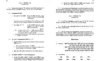90
§ 43. - VERBOS '''1'
(Paradigma XIII)
1. - Exceptuados algunos '''1' regulares (como 1'j~ «agonizar»), el
, de estos verbos, o se elide (síncopa -cf. § 8, lb), o se hace vocal.
2. - Conjugación Qal:
~ En el pf., el , se elide: El pf. de C~p (*qawam, como
*qa~al, cf. § 25, 1), resulta Cj?
«se levantó»;
Algo parecido ocurre en los ,"1' estativos: El pf. de n~o «morir» es nQ
(verbo en e, cfo § 30), el de Wi:!1 «avergonzarse» resulta Wi:!1 (verbo en 0)0
~ En el ipf., el , ---7 ~: el ipf. de C~p (*yaqwum, como
*yaq~ul, cf. § 26, 1) resulta
C~p~ «se levantará».
/levante»;
~ El~, en sílaba cerrada y tónica, ~ o: Mi~P «levantáos», C~~ «se
en sílaba cerrada y átona, ~ • : e i?~'1 wayyiiqom «y se levantó»
(con 38
gutural, 'Q~'1 «Y se apartó», de ,~O).
~ La aformativa Mi se une, por lo común, mediante la vocal acentuada
, o, : Mi'~~Pt;l «se. levantarán».
3. - En toda la conjugación Niral el , ---7 i:
~ E~ pf. de C~p (*naqwam, como *naq~al, cf. § 31, 2) resulta
C'p~ (wa ---7 o).
~ Dicho i, ante sílaba acentuada, ~ ~: r,i~~p~.
~ Las aformativas que empiezan por consonante, se unen, por lo
común, mediante la vocal acentuada i: 'r}iC~p~.
~ Ipf., ipv., inf. y ptc. mantienen el ; en sílaba abierta.
4. - En Hif'il y Horal el , radical desaparece:
~ El pf. Hi de C~p es C'PiJ « C~'i?0, como "'~i?m; como
el Ni, adopta la vocal de unión , ante las aformativas que
empiezan por consonante: t:l;~'PD «hiciste levantar(se»>.
91
El pf. Ho de C~p es C~~i1 « CjF;:t, como *huq~al -d. §
36, 3), con u larga, como en los ,"!:).
5. - Las conjugaciones intensivas, no pudiendo duplicar una 2a
ra-
dical inexistente (sincopada o convertida en vocal), repiten la 3a
radical.
En lugar de los acostumbrados Pi''el, Pu ''al, Hitpa ''el, resultan así las
formas Polel (CT;>ip), Polal (COip) y Hitpolel (CT;>iPI:'li;D.
§ 44. - VERBOS '''V
(Paradigma XIII)
1. - Los '''V se conjugan en general como los '''1': El ' de estos
verbos, o se elide (síncopa -cf. § 8, lb), o se hace vocal.
2. - En inf. c., ipv. e ipf. Qal (idéntico al ipf. Hi) llevan' en vez
de ,: i';~ «comprenderá».
3. - En las conjugaciones intensivas, presentan asimismo las
formas Polel, Polal y Hitpolel: Pi~I:'l0 «comprendió (consiguió para sí
comprensión)>>; y, rara vez las formas pilpel y polpal que repiten r y 3a
radical: "~7~ «contuvo», S~7~ «está/fue contenido», de ",~ «medir».
Ejercicios
1) Traducir: ,rg~-"~ n~ :l~~~ n~~ ,6N~ r~~-'~~ 'j~:t-ntt 1'O~~j
:i1~i1 '~~i1-"~ nN i1tv1' ~~'~N" ,u,;N~~ ~~':lN"
:1~~ i1mtt,O ~'pi;~ r'~-~tt ~~Tu,; :l~p'~~"~o r;01i1~ ,~Ñ~1
:i~N~-"tt i1"tI i1~~7~ "JJ'7 N'i?~j :lp~~ n.l¿~~j
:i?';~-ntt '~":1~l} 'f:1!;)-"~~ '~ lrll?j~ i1~~~ i~~ '~N~j
2) Vocabulario:
i1~i?
i1)~"N
T T t -
 