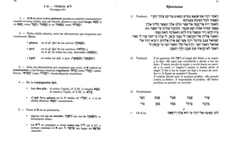 94
§ 46. - VERBOS N",
(Paradigma XV)
1. - El Nde estos verbos quiescit (pierde su carácter consonántico)
cuando termina sílaba, que así resulta abierta y con vocal larga: N:lt~ (y
no N~~, como '~i?); 't}N~~ (y no ,~~~~, como ,~~tbi?). T T
2. - Dicha sílaba abierta, ante las aformativas que empiezan por
consonante, lleva:
~ qiimef! en el pf. Qal de los activos q~N~~);
~ f!ere en el pf. Qal de los estativos (nN~~) y "
en el pf. de todas las conj. derivadas (tjN~~~);
< <
en todos los ipfs. e ipvs. (i1~N~~~, i1~N~~ij).
3. - Ante las aformativas que empiezan por vocal, el N radical es
consonante; y las formas<resultan regulares: ~N~~ (como ~'tpi?) «están
llenos», ~N':¡t~~ (como ~"~i?~) «harán/dejarán encontrar».
4. - En la conjugación Qal,
hay dos pfs.: el activo (*qa~al, cf. § 25, 1) resulta N~~;
el estativo (*qa~il, cf. § 30, 1), N~~;
el ipf. lleva qiimes en la 2a
sílaba (cf. n,rz.h a ~ ti en
. - , .,
sílaba abierta): N:lt~' «encontrará»
T , • •
5. - Como el N no se pronuncia,
alguna vez no se escribe: i1~~~j (en vez de i1~N'~j) «y
levantaron ellas»; .
los N", se conjugan a veces como los i1'" (cf. § 47) e
incluso~ cambian el N por i1: i1~':l~ (en lugar de N~;~)
«sanare».
Ejercicios
1) Traducir: "PO 1it):¡l ep':t~ e'~~Q e"Q~ N~~2:re~ i1ji17 '~N~j
:e,~::l~~ eip~ij-,~~ 't}NW~!
1"~ "~'7t;l ,~~:;~ 17~ ,~~~ ,~~-,~ '~v.r'~ n~, '~Nr,j
(99) i1~~~-';¡ li}'~~ i1~~.,~j :,~W~ e~, n~b~ "t}~bt;l ,~~~
:'~l'~ nNti1 m'~NM' en" n'~ 'mN~:l) 'i1', en, n'~
l° TI T -1 T : - - .0'.0' o. T T 1 . : - °
0' AT ••
:,~~ ,~ '':tW '~ij-'~ i1,~ ,~ -rlNJi? 'Pv.~ ,~ i1~N,"i?~-'~ liJ'~~ '~N~j
-,~ i11i1~ N'i?~j :e'ri'~ li'~ e~-,~~ jni1~ '~'ij:¡l ::l~tz.; ,~~~u¡~
,~ tj~'i?-'~ '~~0 '~N~j '7~-'~ r.,,~j :'~P'0 '~N~j '~~~u¡
:::ltU¡~j 1~;j ::lA~U¡ ::l~~ 't}N'i?-N' '~N~j
2) Traducir:
3) Vocabulario:
i1:lt,
T T
,i~
~ Os 6,la:
y se apareció (Ni i1N') el ángel del Señor a la mujer
y le dijo: «He aquí que concebirás y darás a luz un
hijo». Y temió mucho la mujer y corrió hacia su mari-
do y le contó (+ "según") cuanto le había dicho el
ángel. Y dio a luz la mujer un hijo y le puso de nom-
bre (= "y llamó su nombre") Sansón.
y confesó David ante el anciano profeta: «He pecado
contra el Señor». y respondi6le el profeta: «El Señor
perdona tu pecado; no morirás.
l'::ltv ,~tv n::lW ,'W
- T - T - T - T
<
'r:'~
1~~ i1~~ i1~'~
T T T T :
J
~~A~~':l~! ~,~ N~i1 '~ i11i17-'~ i1;~~~! ~~~
 