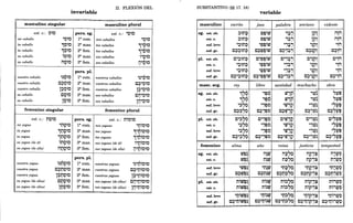 n. FLEXIÓN DEL SUBSTANTIVO (§§ 17. 18)
invariable variable
masculino singular masculino plural masculino escrito Juez palabra anczano vidente
esto c.: O~O pers. sg. esto c.: 't;;)~O sg. esto abo :l1n~ ~~irz.; ,:l, lP! i1Th
T T T ','
mi caballo 't;)~O la como mis caballos 'Q~O esto C. :l~n~ ~~irz.; ,:l, lPt i1rh
: - :
tu caballo 1t?~O 2a mas. tus caballos 1't?~O
tu caballo 1t;;)~O 2a fem. tus caballos 1~Q~O
suf.leve ':l~n~ '~~irz.; ',:l, '~Pt 'ih
, : ' : • T :
suf. gr. C~:l~n~ c~~~irz.; C,,:l, C:?,~Pt c~Th
'0' : : '0' : ... '0' : .. : ',0 :
su caballo io~o 3a mas. sus caballos "O~O
T
su caballo MO~O 3a fem. sus caballos i1'C~O
T TOo'
pI. esto abo C':l1n~ c'~~irz.; C',:l, C'~Pt c'!h
, : ' : • T :
esto C. ':l~n~ '~~irz.; ',:l, '~l?i 'rh
.. : .. : .. : .
pers. pI.
nuestro caballo ~~Q~O la como nuestros caballos ~~'Q~O
suf.leve ':l~n~ '~~irz.; ',:l, '~Pt 'th
- : - : - T •
suf. gr. C~':l~n~ c~'~~irz.; C~":l' C:?,'~l?i c~'Th
'0' ,. . ',0 •• : ',' .. ; . '0' ..
vuestro caballo C~O~O 2a mas. vuestros caballos C:?,'t;;)~O
'0' :
vuestro caballo l:?,t?~O 2a fem. vuestros caballos l:?,'t;;)~O
su caballo C9~O 3a mas. sus caballos Ci1'O~O
'0' ••
su caballo 19~O 3a fem. sus caballos lij't;;)~O
femenino singular femenino plural
mase. seg. rey libro santidad muchacho obra
1~~
<.
rz.;'}p "'
"l)e
sg. esto abo ,~O 'l)~
'0' ..
esto C.
1~~ ,~Ó rz.;'}p 'l)S "l)e
'0' ••
suf.leve ,~,,~ ,,~O
'~-:tl? '}p.~ '''l'!
C~~S~
. : . • TI T
suf. gr. C~,~O C:?,U¡-:tl? C~'l'~ C~"l'!
'0' : : .. ',0 : : • ',0 : .... °
0' : T T
esto c.: nQ~o pers. sg. esto c.: nio~o
mi yegua 'no~o la como mis yeguas 'tJio~o
• T
tu yegua 1~9~O 2a mas. tus yeguas 1'~iO~O
tu yegua 1t19~O 2a fem. tus yeguas 1~t:liO~O
pI. esto abo C'~,,~ C"~O C'~"i? C"l'~ C'''l'!
• T : • T : • T : ' T •
esto C.
,~,,~ ,,~O
'~-:tl? "l'~ '''l'!
., : .. .. ; . .. -1" •• TI T
suf.leve ,~,,~ ,,~O
'rQ.,i? "l'~ '''l'El
.. T : .. T : .. T : .. T :
suf. gr. C~,~,,~ C~,,~O
C:?"~'l? C~"l'~ C~'''l'!
.,. .. : .. ',0 •• : • ',0 . . . . . . ',' ,. TI T
su yegua (de él) ino~o 3a mas. sus yeguas (de él) ,'nio~o
T T
su yegua (de ella) MnO~O 3a fem. sus yeguas (de ella) i1'ñiO~O
T T T ',0
pers. pI.
"' < •
nuestra yegua ~~no~o la como nuestras yeguas ~~'t1'O~O
" T
vuestra yegua c~no~o 2a mas. vuestras yeguas c~'nio~o
'0' : .. ',0 ••
vuestra yegua l:?,~Q~O 2a fem. vuestras yeguas l:?"t1iO~O
su yegua (de ellos) cno~o 3a mas. sus yeguas (de ellos) ci1'nio~o
T T '0' ,.
su yegua (de ellas) lO9~O 3a fem. sus yeguas (de ellas) lij't1iO~O
femenino alma año rezna justicia tempestad
sg. esto abo rz.;~5 mrz.; i1~"~ i1l?":¡C i1,l'O
... ~ T T T : .. T T :
esto C. rz.;~~ n~rz.; n~"~ np-:t~ n,l'O
°
0' '0' - : .. : .. .. -1 ..
suf.leve 'rz.;~~ 'n~rz.; 'n~"~ '1}l?-:t~ 'n,l'O
. : .. • T : • T : .. • T -1 -
suf. gr. C~rz.;~~ c~n~rz.; c~n~"~ C:?'~P-:t~ C~n,l'O
'0' : : - '0' : .. : ... 2 .. : .. '0' : - -, ..
pi. esto abo niw~~ ni~rz.; ni~"~ nip.,:¡c ni,l'o
T : T
ni~SO
T :
esto C. nirz.;~~ ni~rz.; nip-:t~ ni,p.Q
.- : .-
suf.leve 'nirz.;~~ 'ni~tD 'n~"~ 'tJip-:t~ 'ni,l'o
- .- - :
c~,ñ~S~
- -, -
suf. gr. c~'nitD~~ C~'niltD C:?"t1ip-:t~ c~'ni,l'o
..... I .. ". o. : ... .. : .. .,' .. -, -
 
