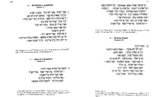 42*
6.- Bendición y maldición
(Salmo 1)
C"P~",) ani~~ l~i? Ñ7 1iJJ~' rzj"~i?O"j.W~ 1 'I~'
:~W~ Ñ~ C"~' ~Wib~1 '~~Ñ~ C"~~Q b':nJ~1
+ i1""'" c~i" i1~i1" ;niin~1 i~Elñ i1;il; n'1in~ C~ ,,~ 2
• T 0IT T IT ... :... I T ; I 1:": T . I • ~ <
. C:~"S.7~r~p- "1QW fP'f i1~V~ -'
,,;~;-~~ 1i17.~1 if.lll:p. 1~: Ii~!~ a1W~
. :bn"~~" i1fZ7l1Ój-irzj~ ~;:',b
-1":- .r:-:- 0:-: ,:
aC"PWli? l~!Ñ~ 4
•• 0 I
:bn111~~1I;l-iW~ r~~-C~"?,
:C"i?"'~ an,p,~ C"~~!j1 ~~~~~ C"llW11~8.~-Ñ"11~-"31 5
:'?~M C"F~",) 1111 C"i?"'~ :11.). i11i1;,l.!J.;"-"?' 6
Ps 1 a numerus > L 11 1,1 a.b 5 invers 11 3 a> It 1 b-b gl, cf Jos 1,8 11 4 a ins 1~ N'
cf ~ 11 b ~ + ano npo(jwnov ";;r; "/iír; 1 5 a ~ BV pov).U cf 1 1 .
7.- ¿Qué es el hombre?
(Salmo 8)
+ i"" ii~TO an"f.lm-"l1 n~j~" 1 8
• r T : I : • • • - 1- -," - : - n
rl~v-~~:p. 1~~ i""J~-i1~ 1j,,~.,~oi11i1; 2
:C;~,ij-,,~ ~"1iiÍ aij~I;1 iw~a
aT~ ~1~; b"ptJ IC"7~i~ "~~ 3
:CiP..~r;¡~1 ~~~~ n"?V!ij~ b~,.,:i!;~ Wp-~
pe Mss '~:¡¡, 5 suff 1 sg 11 'b pe Mss rz; C';:¡·~~ 11 Ps 8,1 a ~ (J' Hier pI, it 81,1" 84,1 a
2 a-a crrp; ~ liT:1 émíp(}r¡, S (e!) djhbt qui dedisti, (J' (Hier) or; emear;; 1 i1~lJ~ '~, prp lJ.;1~ ,¡(
vel i1~I;'~'~ 11 3 a 5 tsbwf¡tk gloriam tuam 11 b Hier suff 1 sg.
• • 0 . I o o .
i~W~ c"~~':;'l1'1,~ ~n;lÍ¡:p.~~ c;¡.p'~ b·Tr~w. ai1~!~-"~ 4
:i1I;1~,~i:D] :1~'i?~I:'l "?' Ci~.!!i~1 1~Jf'TI:'l-"? rzji~~ri1~ 5
:1i1"1~~I;l iii11 a,i~:;" c"ii"~~ ~11~ 1i1itbnM' 6
l . • .JT T •  T : N''': •• -:  .ro: - : -
:'''~rrnr:tp i10Jll c,,~ ~rj: bl.'P'~:p. a1i1~"~~I:: 7
:"ifZ7°ni~i1::l°cj,' C":D C"::l"~' ai1J~ 8
ITT , - : - -: ATOo. J T - : - . r :
:C"~~ nini~ i~lf C!li1 ")i1 C"~rzj iis~ 9
I 1: T ' · AT- .r: . - T .J.
:rl~v-"~:p. i¡~¡¡j' i""J.~-i1~ 1J:t'~°i11i1; 10
4 a 5 3 pI 11 b ~ om suff 11 e It mIt Mss 5 iliv:!.7~ 11 6 a ~5 Hier om cop 11 7 a I 'm
cf ~5 11 b It mIt Mss 5 iliv- 11 e cf 2,2b 11 8 a nonn Mss ill~~ 11 -
8.- El buen Pastor
(Salmos 23)
i'i"o
ii~T~ 1 23
JC T : I : • ~:;
a"j~"~i" ~rzj, ni~j::l 2 : iOn~ Ñ" "jj-í i1,i1"
• A·· • : - 0: ".'" .J : • IT : -: . J . IT:
~~,tD" "rzj::lj 3 : "j"i1j" ninj~"~-~l1
A-O : ' " : - 0".-:-: .Jo,.: , •• -
:i~rp l3lP~ P1*,-"~~l?~~ "~f.1~~
11-; ~j"~-~" n1~~~ ~:~:p. 1?~-"? qª 4
• o. I •
:a"~PtJ~~ i1~J.i 1~t~tp~1 jl~~~ "'J~~ i1};1~-"~
Ps23,2 a hue tr:.
"J1~ i~~. a1f~7~1"~~7 1'~0 5
o. ..0. I •
:i1,;Tl b"9':D "~~i 1~W~ I;1t~'1
:~!j "P~-"? "~1::l'~n;, bi9!n a~i~ Il~a 6
:C,,~~oll~7 i11i1~.!!n"~:p. c"f:l~Wl
4 a prp '~t!~~ 1 5 a prp n?W (1 dttg) 11 b ~* Kal 'fa 7tO'l'1jplÓV (jou = "1Qb 1 11 6 a-a
~ ej e 5 1 b ~5 + suff 2 sg 1 e ~«(J') Kal 'fa Ka'fOIKeiv ¡.re = '~1 cf 27:4, 5 d"mr =
'ID',? 11
 