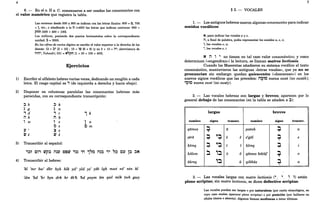 4
6. - En el s. II a. C. comenzaron a ser usadas las consonantes con
el 'Valor numérico que registra la tabla.
Las centenas desde 500 a 900 se indican con las letras finales: 600 = 1:1, 700
= 1, etc.; o añadiendo a la n (=400) las letras que indican centenas: 900 =
pnn [400 + 400 + 100].
Los millares, poniendo dos puntos horizontales sobre la correspondiente
unidad: ~ = 2000:
En las cifras de vanos dígitos se escribe el valor superior a la derecha de los
demás: 12 = ~, [2 + 10] ; 15 = ,eo [6 + 9] (y no 5 + 10 = M', abreviatura de
mM" Yahweh); 531 = N'pn [1 + 30 + 100 + 400).
Ejercicios
1) Escribir el alfabeto hebreo varias veces, dedicando un renglón a cada
letra. El rasgo capital es , (de izquierda a derecha y hacia abajo).
2) Disponer en columnas paralelas las consonantes hebreas más
parecidas, con su correspondiente transcripción:
~b ~ k
~ g ~ n
id , r
1 k
ilh n h
1 w 1 z 1 n
O s e m
1" ~ s
Ws W s
3) Transcribir al español:
4) Transcribir al hebreo:
'kl 'mr bw' dbr hyh hlk yd' yld y~' ysb lqlJ, mwt ns' ntn kl
'dm 'hd 'hr byn drk hr sb'h 'bd pnym sm qwl mlk ~wb gwy
5
§ 2. - VOCALES
1. - Los antiguos hebreos usaron algunas consonantes para indicar
sonidos vocálicos:
N, para indicar las vocales a y o.
M, a final de palabra, podía representar los sonidos a, e, o;
" las vocales 0, u;
" las vocales e, i.
N il 1 " no tienen en tal caso valor consonántico; y como
determinan (<<engendran») la lectura, se llaman matres lectionis.
Cuando los Masoretas añadieron su sistema vocálico al texto
consonántico, mantuvieron las antiguas «letras vocales», que ya no se
pronuncian sin embargo: quedan quiescentes (<<descansan») en los
nuevos signos vocálicos que las preceden: ilO~O suena susá (no susáh);
"Q'O suena susé (no suséy). T
2. - Las vocales hebreas son largas y breves; aparecen por lo
general debajo de las consonantes (en la tabla se añaden a ~):
largas breves
nombre signo transcr. nombre signo transcr.
qtimes :l ti patalJ, :l a
T
sere :l ':l e e seg6l :l e
.. ..
lJ,íreq :l ':l f í lJ,íreq :l t
h6lem ~ i:l ¡j 6 qtime~ IJ,ti~úf :l o
T
súreq 1:l ú qibbú~ :l u
".
3. - Las vocales largas con matre lectionis (".. ". i ~) están
plene scriptae; sin matre lectionis, se dicen defective scriptae.
Las vocales pueden ser largas o por naturaleza (por razón etimológica, en
cuyo caso suelen aparecer plene scriptae) o por posición (por hallarse en
sílaba tónica o abierta). Algunos llaman medianas a éstas últimas.
 