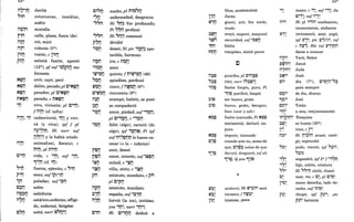 52'1'
i10in
T
f1n
i1tn
T T
i1th
.,.
Javilá
retorcerse, temblar,
sufrir
muralla
calle, plaza; fuera (de)
vió, miró
vidente (5*)
visión; e litO
es/está fuerte, apretó
'"
(12*); pf suf '~tJi?tO me
forzaste
N~O erró, cayó, pecó
NtpIJ delito, pecado;pl C'~~O
N~IJ pecador; pl C'~~IJ
nN~1J pecado; e nN~1J
'IJ vivo, viviente; pl C'~IJ;
f i1~1J (cf. infra)
i1~O,'1J (sobre)vivió; '1J1 y vivi-
rá (y viva); ipf f pl
i1"n
T -
,,~Ó
p'IJ
1IJ
c~n
T T
i1~,~t:1t:'l; Hi narr suf
O~IJ~j y la había criado
animal(es), fiera(s); e
n~lJ, pl ni"lJ
vida; e '~IJ; suf '~IJ,
<
1'~1J (cf. 'IJ)
fuerza, ejército; e "'IJ
seno; suf iP(')1J
paladar; suf '~~
sabio
sabiduría
está/uvo enfermo, afligi-
do, enfermó, fatigóse
soñó; narr C"O~j
Ci"O
'''n
• T'
l""n
i10n
T ••
,iOO
'tli'on
. -.
"on
- T
tlion
•• T
sueño; pl nib"O
enfermedad, desgracia
Ni "IJ~ fue profanado;
Pi ,,~~ profanó
Hi "IJij comenzó
dividió
deseó; Ni ptc ,~t:1~ ape-
tecible, hermoso
ira; e n~o
asno
quinto; f n'rq'~o (46)
apiadóse, perdonó
cinco; f i1~~0 (9*)
C'~~O cincuenta (9*)
i1~O acampó, habitó, se posó
HO se compadeció
'90 amor, piedad; suf':it;)Ij;
pl C''}90, e ''Jt?1J
'QO faltó (algo), careció (de
algo); ipf '9t:1~; Pi ipf
f~O
f~6
'~O
,~n
•• T
ph
i1WI
:l,n
......
<
suf1i1jt¡)IJt;l10 haces ca-
recer (= lo - inferior)
amó, deseó
amor, interés; sufi~~r:t
mitad; e '~n
. -.
villa, atrio; e ,~O
estatuto, mandato; e ph
pl C'i?I
estatuto, mandato
espada; suf '~,IJ
hirvió (la ira), irritóse;
yus 'IJ~; narr 'lJ~j
Hi C',ni1 dedicó a
....; 0:
~tlin
- T
...
~~n
'I:lr}
nnn
- T
NO~
•• T
N~~
C,~
tli~~
tli~~
¡i)~
Dios, anatematizó
Jarán
gravó, aró; fue sordo,
mudo
creyó, imputó, maquinó
oscuridad; suf '~~r:t
hitita
rompióse, sintió pavor
guardia; pl C'r}~~
tiñó' narr ,,,~~!!,
, : : .-
fue/es limpio, puro; Pi
,iJtp purificó, limpió
ser bueno, grato
bueno, grato, benigno;
bien (sust y adv)
fue/es inmundo; Pi N~tp
contaminó, declaró im-
puro
impuro, inmundo
cuando aún no, antes de
<
que; C,~~ antes de que
devoró, desgarró; inf ab
~,~; Q pas ~,to
arideció; Hi tli':;lii1 secó
(re)seco; f i1~~;
tristeza, pena
53'1'
,~ mano; e ,~; suf '":i~; du
<
C~j~; suf ",~
i1,' Hi pl "ii1 confesaron,
reconocieron, alabaron
1'j~ (re)conoció, amó, yogó;
ipf 1'j:'; ptc lJ~(i);; inf
e nlJi Hit inf 1':tj~i}
i11i1;
1'tbii1'
- 0.. :
i1,'i1;
~2$i'
darse a conocer
Yavé, Señor
Josué
Judá
Joab
ci' día (7*); C'~~iJ-"~
para siempre
c~i' de día, diurno
~Qi' José
COi' Yotán
<
'!j~ a una, conjuntamente
<
'i1~p~r}; Ezequías
~~~ es bueno (20*)
¡~~ vino; e ¡':'
<
n~' Hi !j'~ii1 acusó, casti-
gó, reprendió
,,~~ pudo, venció; ipf "~",
,,~')
,~~ engendró; ipf2 a
f '":i7I.:1
,~~ hijo, niñito, criatura
"", Hi "7'0 ululó, clamó
C~ mar, río; e C~; pl C'~~
i'~~ mano derecha, lado de-
recho; suf '~'~;
p~~ chupó; ipf P~':; ptc
p~i' lactante
 