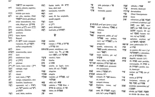 64*
'~~~;t";1~ me seguirán
Ij~i viento, aliento, espíritu;
pl nin~,
i'1'" bebida que sacia
TT:
C~, ser alto, excelso; P6lel
'r:n~~i' elevé, glorifiqué
1~' estar somnoliento, ven-
cido; Hitp6 ptc. pi,n~
<
r~' correr; pf r,; narr r,~j
~n, amplióse, dilatóse
- T
~Ij, anchura
pin, lejos, lejano
"n, Raquel
.. T
cn, Pi CIj'} trató compasi-
vamente; Pu pf i'1~O~
es/fue compadecida
c'~n,
. -, -
rlj'
pr:t,
pn,
~''}
útero
misericordia, amor
lavó
está/estuvo lejos
cf. pin,
pleitear
p''}, P'J vacío, vano; estar - p"
~~, cabalgó, viajó
«
~::l' carro(s)
... ',0
H'
1''j
clamó
mal; malo, f i'1lJ'
ll~ amigo, compañero, otro
~1" hambre, hambruna
T T
i'1lJ' apacentó; inf c ni1'";1;
ptc i'1~' pastor; suf''P';
pl C''P'
i'11" mal, daño, malicia
T T
1'1" fue/es malo; Hi 1''jlJ
- T
hizo, obró mal
tlillj terremoto, tumulto
N~' curó
T T
i'1~' amó; Ni fue aceptado,
T T
quedó pagado
n~, mató
- T
P'J cf. p''}
1'tli, pecó, delinquió
- T
1'tli, malvado; pl C''P~";1
T T
1'~tll sacióse
- T
i'1,~ campo; c i'1'J~; pl C'':l~
yni,tg (33)
c~tll-c'~ poner, establecer, con-
vertir (en, 7); pf ctg;
narr Ctg~j, coh i'1~'~~
i'1~,tll
T .,
Ij'$
C'~
"::ltll
- T
n~tll
- T
i'1n~tll
T : •
i'1"~tll
T : •
N~tll
.. T
cana(s), vejez
hierba
cf. c~tll
acertó, se logró, tuvo
éxito; Hi inf c "'=;l~ij
alegróse
alegría
vestido; pl ni"~~, suf
,'ri"~tll
T : .
odió; inf c N~~
cabrito; c "'P~ [frec. +
C't'P de cabras, cf. T~]
labio; du C~Ó~~
saco
,tq jefe, príncipe; e ,tq
"tll Sara
- T
,j~ incendió, quemó
v¿ (~ ~ ~) pref que (pron yconj)
"iN~ seol, infie~no; i'1~N~ al
infierno
"~Ntli Saúl
T
,,~~ preguntó, pidió; pf suf
~~~,~~ nos pedían;
narr suf ~i'17~~~j y le
preguntó
,~~ quedó, sobrevivió; Ni
'tt~~ quedó, sobrevivió;
narr 'NW!I,
... T .-
i'1;~ tomó cautivo; ptc suf
~~'~irz.;
to;$. vara, tribu; suf 1tp~~
''P(')~~ séptimo; fn''P(')~~ (46)
1'~rz.; Ni 1'~~~ juró, prometió
con juramento
1'~~ siete; f i'1lJ~~ (9*)
C'~~~ setenta (9*)
,~~ rompió; Pi ,~~ destro-
zó, trituró
,~~ compró víveres
,;~ fractura, ruina; suf
,,~rz.;
• I •
n~~ cesó; Hi n':;l~~ supri-
mió; inf+ prep n'~tlii'1"
• I - :
n~rz.;
T -
'j~
Ciju.;
~~rz.;
sábado; c n~~
devastó, destruyó
devastadora
(Dios) Omnipotente
ónice
65*
volver(se); pf~~, 't:'l~~,
y volveré (a habitar); ipf
~~rz.;~, yus ~u.;~, narr
.< <.
~~~j; ipv ~~~; P6lel ipf
~~itli7 repara; Hi lpV
suf '~;~iJ hazme vol-
ver; inf suf i~'tlii'1
. -,
aplastar, acechar; ipf
suf 1~~rz.;7, ~~~~rz.;t;1
to~(i)u.; juez, gobernador (5*)
n~rz.; cf. n'~
i'10~ se postró; Hit narr f pl
< •
i'1~'mtj~t:'lj y adoraban;
ptc pl C',nMrz.;~ (73)
.-, - : .
tolj~ degolló, inmoló (13*)
nnrz.; Ni nlj~~ está perdido,
corrompido; Pi nn~ (e
Hi n'~~~) perdió, ma-
tó, destruyó
,,~ cantar; ipf "~~; ipv pl
~,,~
,,~ canto; pl C''}'~
n'~ (im)pon~r, colocar; pf
n~, i'1t!l~; ipf n'~~
~~~ acostóse, aposentóse; ipf
f~~~t:'l
n~~ olvidó; ipf n~~~, n~~t:'l
se olvide (de obrar -Sal
 