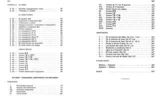 84*
CAPÍTULO V: EL VERBO
§ 23. - División, conjugaciones, voces . . . . . . . . . . . . . .. 50
§ 24. - «Tiempos» y «modos» ..................... 52
EL VERBO FUERTE
§ 25. - El perfecto Qal ......................... 54
§ 26. - Imperfecto e imperativo Qal ............... 56
§ 27. - Cohortativo y yusivo ..................... 58
§ 28. - Tiempos inversos (1 conversivo o consecutivo) ... 60
§ 29. - Infinitivo y participio Qal ................. 62
§ 30. - Verbos estativos ........................ 64
§ 31. - La conjugación Nif'al ..................... 66
§ 32. - La conjugación Pi "el ..................... 68
§ 33. - La conjugación Pu "al ..................... 70
§ 34. - La conjugación Hitpa "el ..... /' ........... 72
§ 35. - La conjugación Hif' fl .................... 74
§ 36. - La conjugación Hof'al .................... 76
§ 37. - El verbo fuerte con guturales ............... 78
§ 38. - El verbo fuerte con sufijos ................. 80
VERBOS DÉBILES
§ 39. - . Verbos N"tl ............................ 82
§ 40. - Verbos l"tl (y ni?~) ....................... 84
§ 41. - Verbos ,"tl (*,"tl) ........................ 86
§ 42. - Verbos ,"tl (*j"tl y 1~;:1) ................... 88
§ 43. - Verbos j"l' ............................. 90
§ 44. - Verbos '''l' .............................. 91
§ 45. - Verbos l'''l' ............................ 92
§ 46. - Verbos N"" ............................ 94
§ 47. - Verbos il"" ............................ 96
§ 48. - Verbos doblemente irregulares .............. 98
III PARTE: PARADIGMAS, CRESTOMATÍA, VOCABULARIOS
PARADIGMAS
1. Pronombre personal ........................ 2*
II. Flexión del substantivo. . . . . . . . . . . . . . . . . . . . .. 4*
III. Nombres irregulares. . . . . . . . . . . . . . . . . . . . . . .. 6*
IV. Numerales. . . . . . . . . . . . . . . . . . . . . . . . . . . . . .. 9*
V. Verbo fuerte .............................. 10*
VI.
VII.
VIII.
IX.
X.
XI.
XII.
XIII.
XIV.
XV.
XVI.
XVII.
85*
Verbos de la y de 2a gutural . . . . . . . . . . . . . . . . . . 12*
Verbos de 3a
gutural ........................ 14*
Verbo fuerte con sufijos ..................... 16*
Verbos M"~ ................................ 18*
Verbos l"~ ................................ 19*
Verbos '''~ (*'''~) .......................... 20*
Verbos '''~ (*j"~) .......................... 21*
Verbos j"l' y '''1' .......................... 22*
Verbos 1'''1' .............................. 24*
Verbos M"" ..............................26*
Verbos ;''''' .............................. 28*
Acentos ................................. 30*
CRESTOMATÍA
1.-
2.-
3.-
4.-
5.-
6.-
7.-
8.-
9.-
10.-
De la historia del Edén (Gn 2 4b - 3 24) . . . . . . . . . . 34*
De la historia de José (Gn 37 5-36) ............. 37*
De la historia de José (Gn 44 18 - 45 3) .......... 39*
Natán y David (2 Sam 12 1-13) ................ 40*
Los huesos del valle (Ez 37 1-14) ............... 41*
Bendición y maldición (Sal 1) ................. 42*
¿Qué es el hombre? (Sal 8) ................... 42*
El buen pastor (Sal 23) ...................... 43*
Levanto mis ojos (Sal 121) ................... 44*
Junto a los ríos de Babel (Sal 137) ............. 44*
VOCABULARIOS
Hebreo - Español ............................... 46*
Español - Hebreo ............................... 68*
ÍNDICE ..................................... 83*
 