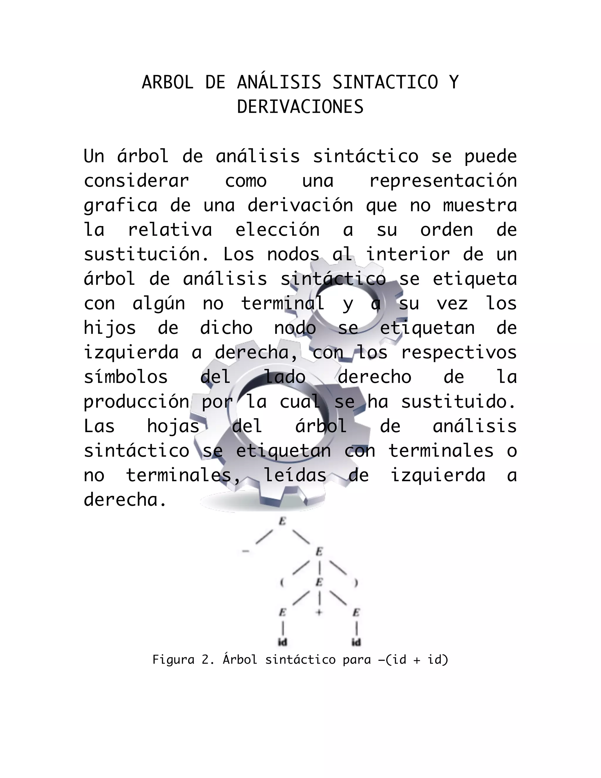  

ARBOL DE ANÁLISIS SINTACTICO Y
DERIVACIONES
Un árbol de análisis sintáctico se puede
considerar
como
una
representación
grafica de una derivación que no muestra
la relativa elección a su orden de
sustitución. Los nodos al interior de un
árbol de análisis sintáctico se etiqueta
con algún no terminal y a su vez los
hijos de dicho nodo se etiquetan de
izquierda a derecha, con los respectivos
símbolos
del
lado
derecho
de
la
producción por la cual se ha sustituido.
Las
hojas
del
árbol
de
análisis
sintáctico se etiquetan con terminales o
no terminales, leídas de izquierda a
derecha.

Figura 2. Árbol sintáctico para –(id + id)

 