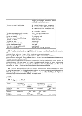 Molten steel.gold/lava (atributiv), pentru
                                               metale, dar: melted butter/snow.

The tree was struck by lightning.              He was grief stricken (folosit predicativ).
                                               He was panic stricken (folosit predicativ).
                                               He was terror stricken (folosit predicativ).

                                               He was stricken with fever.
The lawn was mown/mowed yesterday.             Mown grass/hay (doar atributiv)
She has sewn/sewed a dress.                    A handsewn dress.
He has just shaved.                            A cleanshaven man.
They have shourn/sheared the sheep.            A shorn lamb.
The shirt has shrunk.                          Shrunken clothes.
The ship has sunk.                             Sunken eyes.
He has sown/sowed the field.                   Sown seeds.
He has spilt/spilled the milk.                 Spilt milk.
They have spoilt/spoiled the child.            A spoilt child.
They have worked here.                         Wrought iron; wrought-up nerves.

1.18.5. Func iile sintactice ale participiului trecut. Participiul trecut îndepline te func iile sintactice
de:
a) atribut: There is the Lost Property Office. Acolo este biroul de obiecte g site.
b) nume predicativ: He was, impressed by her kindness. A fost impresionat de bun tatea ei.
c) parte dintr-un complement direct complex (Acuzativ cu participiu trecut): I want it done immediately.
Vreau ca aceasta s fie f cut imediat.
d) parte dintr-un complement circumstan ial (de timp, cauz , condi ie, compara ie), deseori precedat de
conjunc iile when, if, as if/as though etc.: Struck with the emotion in his tone, she turned and looked at
him.Impresionat de emo ia care se sim ea în vocea lui, (ea) se întoarse i-l privi. She kept silent AS IF
puzzled by my words. T cea ca i când cuvintele mele i-ar fi stârnit nedumerirea.

1.18.6. Traducere. Participiul trecut se traduce de obicei în limba român printr-un participiu sau printr-
o propozi ie subordonat : He looked at the clerk bent over the papers. Privi la func ionarul aplecat peste
hârtii. The preparations for the birthday party completed, I went out to buy a birthday cook. Dup ce am
terminat preg tirile pentru aniversare, am ie it s cump r un tort.

pag: 055

1.18.7. Conjugarea verbului call

Timpul             Diateza activ                         Diateza pasiv
                   Aspectul simplu    Aspectul           Aspectul simplu
                                                                Aspectul
                                      continuu                  continuu
Indicativul        I call             I am calling I am called  I am being
prezent                                                         called
Perfectul          I have called     I have been I have been -
prezent                              calling       called
Past Tense         I called          I was calling I was called I was being
 