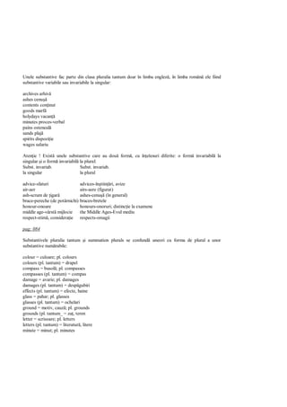 Unele substantive fac parte din clasa pluralia tantum doar în limba englez , în limba român ele fiind
substantive variabile sau invariabile la singular:

archives arhiv
ashes cenu
contents con inut
goods marf
holydays vacan
minutes proces-verbal
pains osteneal
sands plaj
spirits dispozi ie
wages salariu

Aten ie ! Exist unele substantive care au dou form , cu în elesuri diferite: o form invariabil la
singular i o form invariabil la plural:
Subst. invariab.             Subst. invariab.
la singular                  la plural

advice-sfaturi                   advices-în tiin ri, avize
air-aer                          airs-aere (figurat)
ash-scrum de igar                ashes-cenu (în general)
brace-pereche (de potârnichi)    braces-bretele
honour-onoare                    honours-onoruri; distinc ie la examene
middle age-vârst mijlocie        the Middle Ages-Evul mediu
respect-stim , considera ie      respects-omagii

pag: 084

Substantivele pluralia tantum i summation plurals se confund uneori cu forma de plural a unor
substantive num rabile:

colour = culoare; pl. colours
colours (pl. tantum) = drapel
compass = busol ; pl. compasses
compasses (pl. tantum) = compas
damage = avarie; pl. damages
damages (pl. tantum) = desp gubiri
effects (pl. tantum) = efecte, haine
glass = pahar; pl. glasses
glasses (pl. tantum) = ochelari
ground = motiv, cauz ; pl. grounds
grounds (pl. tantum_ = za , teren
letter = scrisoare; pl. letters
letters (pl. tantum) = literatur , litere
minute = minut; pl. minutes
 