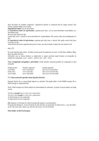 Spre deosebire de gradulk comparativ, superlativul absolut se realizeaz într-un singur termen: Our
teacher explains things most clearly.
Superlativul relativ este de dou feluri:
a) Superlativul relativ de superioritate, exprimat prin (the)...-est în cazul adverbelor monosilabice i a
adverbului early:
He runs (the) fasted (of all).
i prin (the) most + adverb în cazul adverbelor bi- i plurisilabice: He answers (the) most intelligently (of
all).
b) Superlativul relativ de inferioritate, exprimat prin (the) least + adverb: She spells words (the) least
correctly (of all).
Articolul the din forma superlativului poate fi omis, mai ales în limba vorbit : He runs fasted of all.
pag: 154
În cazul superlativului relativ, al doilea termen poate fi men ionat sau omis: (of the three children, Mary
plays the piano the best.
Adverbele care au forme identice cu adjectivele se supun acelora i reguli fonetice i ortografice la
gradele de compara ie: early - earlier - earliest; late - later - latest.
7.6.3. Compara ia neregulat a adverbelor. Unele adverbe formeaz gradele de compara ie în mod
neregulat:
Gradul pozitiv Gradul comparativ Gradul superlativ
well (bine) better (mai bine) (the) best (cel mai bine)
badly (r u) worse (mai r u) (the) worst (cel mai r u)
much (mult) more (mai mult) (the) most (cel mai mult)
7.7. Câteva adverbe speciale (Some Special Adverbs)
Enough (destul de) se a eaz dup adjective i adverbe: The pupils didn’t work HARD enough. He is
OLD enough to understand this.
Not : Când enough este folosit adjectival, determinând un substantiv, el poate fi a ezat înainte sau dup
acesta:
You have enough time to write your composition.
You have time enough to write your composition.
Ai destul timp s scrii compozi ia.
Ai timp destul s scrii compozi ia.
Far (departe) se folose te de obicei în propozi ii negative sau interogative.
În propozi ii afirmative, el este fie înso it de alte adverbe sau prepozi ii, fie înlocuit de a...way: He didn’t
go far. He went only a short way. He lives far away / not far from here.
First (întâi): at first (la început).
 