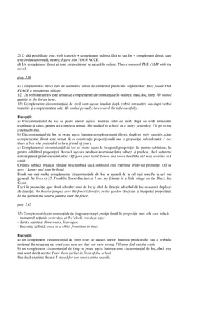 2) O alt posibilitate este: verb tranzitiv + complement indirect f to sau for + complement direct, care
este ordinea normal , neutr : I gave him YOUR NOTE.
d) Un complement direct i unul prepozi ional se a eaz în ordine: They compared THE FILM with the
novel.
pag: 216
e) Complementul direct este de asemenea urmat de elementul predicativ suplimentar: They found THE
PLACE a prosperous village.
12. Un verb intranzitiv este urmat de complemente circumstan iale în ordinea: mod, loc, timp: He waited
quietly in the for an hour.
13) Complemente circumstan iale de mod sunt a ezat imediat dup verbul intranzitiv sau dup verbul
tranzitiv i complementele sale: He smiled proudly. he covered the tube carefully.
Excep ii:
a) Circumstan ialul de loc se poate uneori a eaza înaintea celui de mod, dup un verb intranzitiv
exprându- i calea, pentru a-i completa sensul: She walked to school in a hurry yesterday. I’ll go to the
cinema by bus.
b) Circumstantialul de loc se poate a eza înaintea complementului direct, dup un verb tranzitiv, când
complementul direct este urmat de o constrcu ie prepozi ional sau o propozi ie subordonat : I met
there a boy who pretended to be a friend of yours.
c) Complementul circumstan ial de loc se poate a eza la începutul propozi iei fie pentru subliniere, fie
pentru echilibrul propozi iei. Aceast a ezare produce inversiune între subiect i predicat, dac subiectul
este exprimat printr-un substantiv: Off goes your train! Lower and lower bend the old man over the sick
child.
Ordinea subiect predicat r mâne neschimbat dac subiectul este exprimat printr-un pronume: Off he
goes ! Lower and lowe he bend.
Dou sau mai multe complemente circumstan iale de loc se a eaz de la cel mai specific la cel mai
general: He lives et 55, Franklin Street Bucharest. I met my friends in a little vilage on the Black Sea
Coast.
Dac în propozi ie apar dou adverbe: unul de loc i altul de direc ie adverbul de loc se a eaz dup cel
de direc ie: the hourse jumped over the fence (direc ie) in the garden (loc) sau la începutul propozi iei:
In the garden the hourse jumped over the fence.
pag: 217
15) Complementele circumstan iale de timp care ocup pozi ia final în propozi ie sunt cele care indic :
- momentul ac iunii: yesterday, at 5 o’clock, two days ago;
- durata acestuia: three weeks, four ages;
- frecven a definit : once in a while, from time to time;
Excep ii:
a) un complement circumstan ial de timp scurt se a eaz uneori înaintea predicatului sau a verbului
no ional din structura sa: you ( can) now see that you were wrong. I’ll soon find out the truth.
b) un complement circumstan ial de timp se poate a eza înaintea unui circumstan ial de loc, dac este
mai scurt decât acesta: I saw them yarlier in front of the school.
Sau dac exprim durata: I stayed for two weeks at the seaside.
 