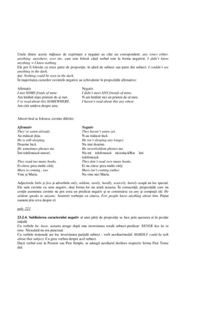 Unele dintre aceste mijloace de exprimare a nega iei au câte un corespondent: any (one) either,
anything, anywhere, ever etc. care este folosit când verbul este la forma negativ : I didn’t know
anything = I knew nothing.
Ele pot fi folosite ca orice parte de propozi ie, în afar de subiect sau parte din subiect: I couldn’t see
anything in the dark.
dar: Nothing could be seen in the dark.
În majoritatea cazurilor cuvintele negative au echivalente în propozi iile afirmative:
Afirmativ
I met SOME frinds of mine.
Am întâlnit ni te prieteni de-ai mei.
I’ve read about this SOMEWHERE.
Am citit undeva despre asta.
Negativ
I didn’t meet ANY friends of mine.
N-am întâlnit nici un prieten de-al meu.
I haven’t read about this any where
Alteori îns se folosesc cuvinte diferite:
Afirmativ
They’ve eaten already.
Au mâncat deja.
He is still sleeping.
Doarme înc .
He sometimes phones me.
Îmi telefoneaz uneori.
They read too many books.
Ei citesc prea multe c i.
Mary is coming , too.
Vine i Maria.
Negativ
They haven’t eaten yet.
N-au mâncat înc .
He isn’t sleeping any longer.
Nu mai doarme.
He never/seldom phones me.
Nu-mi telefoneaz niciodac /Rar îmi
telefoneaz .
They don’t read very many books.
Ei nu citesc prea multe c i.
Mary isn’t coming euther.
Nu vine nici Maria.
Adjectivele little i few i adverbele only, seldom, rarely, hardly, scarcely, barely ocup un loc special.
Ele sunt cuvinte cu sens negativ, de i forma lor nu arat aceasta. În consecin , propozi iile care nu
con in asemenea cuvinte nu pot avea un predicat negativ i se construiesc cu any i compu ii s i: He
seldom speaks to anyone. Arareori vorbe te cu cineva. Few people know anything about him. Pu ini
oameni tiu ceva despre el.
pah: 223
23.2.4. Sublinierea caracterului negativ al unei p i de propozi ie se face prin a ezarea ei în pozi ie
ini ial .
Cu verbele be, have, aceasta atrage dup sine inversiunea total subiect-predicat: NEVER has he in
time. Niciodat nu era punctual.
Cu verbele no ionale are loc inversiunea par ial subiect - verb auxiliar/modal: HARDLY could he talk
about that subject. Cu greu vorbea despre acel subiect.
Dac verbul este la Present sau Past Simple, se adaug auxiliarul do/does respectiv forma Past Tense
did:
 