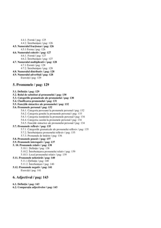 4.4.1. Form / pag: 125
4.4.2. Întrebuin are / pag: 126
4.5. Numeralul frac ionar / pag: 126
4.5.1 Forma / pag: 126
4.6. Numeralul colectiv / pag: 127
4.6.1. Form / pag: 127
4.6.2. Întrebuin are / pag: 127
4.7. Numeralul multiplicativ / pag: 128
4.7.1 Form / pag: 128
4.7.2. Întrebuin are / pag: 128
4.8. Numeralul distributiv / pag: 128
4.9. Numeralul adverbial / pag: 128
Exerci ii / pag: 129
5. Pronumele / pag: 129
5.1. Defini ie / pag: 129
5.2. Rolul de substitut al pronumelui / pag: 130
5.3. Categoriile gramaticale ale pronumelui / pag: 130
5.4. Clasificarea pronumelui / pag: 131
5.5. Func iile sintactice ale pronumelui / pag: 132
5.6. Pronumele personal / pag: 132
5.6.1. Categoria persoanei la pronumele personal / pag: 132
5.6.2. Categoria genului la pronumele personal / pag: 133
5.6.3. Categoria num rului la pronumele personal / pag: 134
5.6.4. Categoria cazului la pronumele personal / pag: 134
5.6.5. Func iile sintactice ale pronumelui personal / pag: 134
5.7. Pronumele reflexiv / pag: 135
5.7.1. Categoriile gramaticale ale pronumelui reflexiv / pag: 135
5.7.2. Întrebuin area pronumelui reflexiv / pag: 135
5.7.3. Pronumele de înt rire / pag: 136
5.8. Pronumele posesiv / pag: 137
5.9. Pronumele interogativ / pag: 137
5. 10. Pronumele relativ / pag: 138
5.10.1. Defini ie / pag: 138
5.10.2. Întrebuin area pronumelui relativ / pag: 139
5.10.3. Locul pronumelui relativ / pag: 139
5.11. Pronumele nehot rât / pag: 140
5.11.1.Defini ie / pag: 140
5.11.2. Întrebuin are / pag: 140
5.12. Pronumele negativ / pag: 141
Exerci ii / pag: 141
6. Adjectivul / pag: 143
6.1. Defini ie / pag: 143
6.2. Compara ia adjectivelor / pag: 143
 