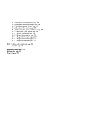 26.3.5. Predicatul la un timp trecut/ pag: 266
26.3.6. Predicatul la prezentul simplu/ pag: 266
26.3.7. Predicatul-ac iune viitoare/ pag: 267
26.3.8. Predicatul-Past simple/ pag: 267
26.3.9. Predicatul-Past Tense Continuous/ pag: 268
26.3.10. Predicatul-Verbe modale/ pag: 268
26.3.11. Frazele condi ionale/ pag: 268
26.3.12. Propozi ii enun iative/ pag: 268
26.3.13. Propozi ii interogative/ pag: 269
26.3.14. Propozi ii exclamative/ pag: 271
26.3.15. Propozi ii imperative/ pag: 272
26.4. Vorbirea indirect liber / pag: 272
Exerci ii/ pag: 273
Cheia exerci iilor/ pag: 275
Bibliografie/ pag: 285
Cuprins/ pag: 286
 