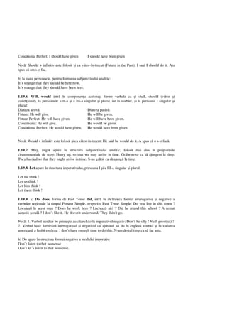 Conditional Perfect: I should have given I should have been given
Not : Should + infinitiv este folosit i ca viitor-în-trecut (Future in the Past): I said I should do it. Am
spus c am s-o fac.
b) la toate persoanele, pentru formarea subjonctivului analitic:
It’s strange that they should be here now.
It’s strange that they should have been here.
1.19.6. Will, would intr în componen a acelora i forme verbale ca i shall, should (viitor i
condi ional), la persoanele a II-a i a III-a singular i plural, iar în vorbire, i la persoana I singular i
plural:
Diateza activ : Diateza pasiv :
Future: He will give.
Future Perfect: He will have given.
Conditional: He will give.
Conditional Perfect: He would have given.
He will be given.
He will have been given.
He would be given.
He would have been given.
Not : Would + infinitiv este folosit i ca viitor-în-trecut: He said be would do it. A spus c o s-o fac .
1.19.7. May, might apare în structura subjonctivului analitic, folosit mai ales în propozi iile
circumstan iale de scop: Hurry up, so that we may arrive in time. Gr be te-te ca s ajungem la timp.
They hurried so that they might arrive in time. S-au gr bit ca s ajung la timp.
1.19.8. Let apare în structura imperativului, persoana I i a III-a singular i plural:
Let me think !
Let us think !
Let him think !
Let them think !
1.19.9. a) Do, does, forma de Past Tense did, intr în alc tuirea formei interogative i negative a
verbelor no ionale la timpul Present Simple, respectiv Past Tense Simple: Do you live in this town ?
Locuie ti în acest ora ? Does he work here ? Lucreaz aici ? Did he attend this school ? A urmat
aceast coal ? I don’t like it. He doesn’t understand. They didn’t go.
Not : 1. Verbul auxiliar be prime te auxiliarul do la imperativul negativ: Don’t be silly ! Nu fi prost(u ) !
2. Verbul have formeaz interogativul i negativul cu ajutorul lui do în engleza vorbit i în varianta
american a limbii engleze: I don’t have enough time to do this. N-am destul timp ca s fac asta.
b) Do apare în structura formei negative a modului imperativ:
Don’t listen to that nonsense.
Don’t let’s listen to that nonsense.
 