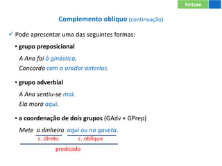 Complemento oblíquo (continuação)
 Pode apresentar uma das seguintes formas:
▪ grupo preposicional
A Ana foi à ginástica.
Concordo com o orador anterior.
▪ grupo adverbial
A Ana sentiu-se mal.
Ela mora aqui.
▪ a coordenação de dois grupos (GAdv + GPrep)
Mete o dinheiro aqui ou na gaveta.
Sintaxe
c. direto c. oblíquo
predicado
 