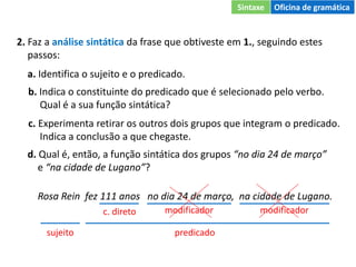 2. Faz a análise sintática da frase que obtiveste em 1., seguindo estes
passos:
a. Identifica o sujeito e o predicado.
Rosa Rein fez 111 anos no dia 24 de março, na cidade de Lugano.
c. direto modificador modificador
sujeito predicado
b. Indica o constituinte do predicado que é selecionado pelo verbo.
Qual é a sua função sintática?
c. Experimenta retirar os outros dois grupos que integram o predicado.
Indica a conclusão a que chegaste.
d. Qual é, então, a função sintática dos grupos “no dia 24 de março”
e “na cidade de Lugano”?
Sintaxe Oficina de gramática
 