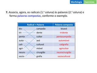 7. Associa, agora, os radicais (1.ª coluna) às palavras (2.ª coluna) e
forma palavras compostas, conforme o exemplo.
Radical + Palavra Palavra composta
bis- campeão bisavó
tri- dente
penta- cultor
auto- avó
cali- cultural
agri- móvel
neuro- cirurgião
socio- grafia
Palavra composta
bisavó
tridente
pentacampeão
automóvel
caligrafia
agricultor
neurocirurgião
sociocultural
Morfologia Exercícios
 