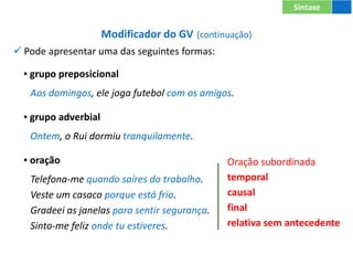 Modificador do GV (continuação)
 Pode apresentar uma das seguintes formas:
▪ grupo preposicional
Aos domingos, ele joga futebol com os amigos.
▪ grupo adverbial
Ontem, o Rui dormiu tranquilamente.
▪ oração
Telefona-me quando saíres do trabalho.
Veste um casaco porque está frio.
Gradeei as janelas para sentir segurança.
Sinto-me feliz onde tu estiveres.
Sintaxe
Oração subordinada
temporal
causal
final
relativa sem antecedente
 
