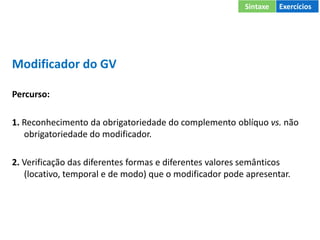 Modificador do GV
Percurso:
1. Reconhecimento da obrigatoriedade do complemento oblíquo vs. não
obrigatoriedade do modificador.
2. Verificação das diferentes formas e diferentes valores semânticos
(locativo, temporal e de modo) que o modificador pode apresentar.
Sintaxe Exercícios
 