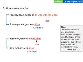 3. Observa os exemplos:
Poucos podem gabar-se de uma vida tão longa.

isso
Poucos podem gabar-se disso.
c. oblíquo
Rosa não pensava em tristezas.

isso
Rosa não pensava nisso.
c. oblíquo
Nota:
Trabalho com verbos
que selecionam
complemento oblíquo
constituído por GPrep
introduzido por uma
preposição que admita
contração com o
demonstrativo isso.
(PPEB, pág. 131)
Sintaxe Oficina de gramática
 