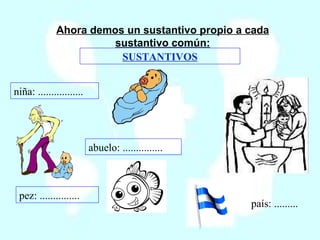 Ahora demos un sustantivo propio a cada sustantivo común: SUSTANTIVOS niña: ................. abuelo: ............... pez: ............... país: ......... 