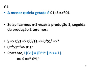 G1
• A menor cadeia gerada é 01: S =>2 01
• Se aplicarmos n-1 vezes a produção 1, seguida
da produção 2 teremos:
• S => 0S1 => 00S11 => 03S13 =>*
• 0n-1S1n-1=> 0n1n
• Portanto, L(G1) = {0n1n | n >= 1}
ou S =>* 0n1n
11
 