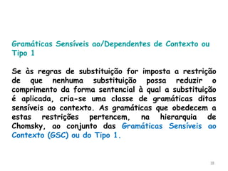 18
Gramáticas Sensíveis ao/Dependentes de Contexto ou
Tipo 1
Se às regras de substituição for imposta a restrição
de que nenhuma substituição possa reduzir o
comprimento da forma sentencial à qual a substituição
é aplicada, cria-se uma classe de gramáticas ditas
sensíveis ao contexto. As gramáticas que obedecem a
estas restrições pertencem, na hierarquia de
Chomsky, ao conjunto das Gramáticas Sensíveis ao
Contexto (GSC) ou do Tipo 1.
 