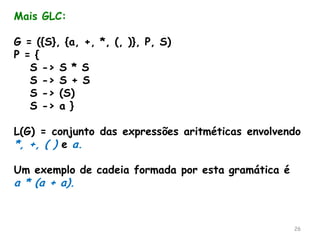 26
Mais GLC:
G = ({S}, {a, +, *, (, )}, P, S)
P = {
S -> S * S
S -> S + S
S -> (S)
S -> a }
L(G) = conjunto das expressões aritméticas envolvendo
*, +, ( ) e a.
Um exemplo de cadeia formada por esta gramática é
a * (a + a).
 
