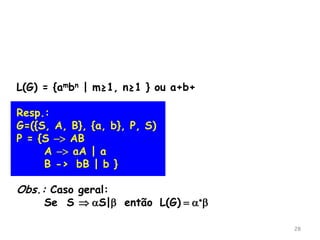 28
L(G) = {ambn | m≥1, n≥1 } ou a+b+
Resp.:
G=({S, A, B}, {a, b}, P, S)
P = {S -> AB
A -> aA | a
B -> bB | b }
Obs.: Caso geral:
Se S  S|b então L(G) = *b
 