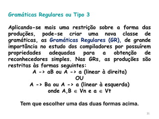 31
Gramáticas Regulares ou Tipo 3
Aplicando-se mais uma restrição sobre a forma das
produções, pode-se criar uma nova classe de
gramáticas, as Gramáticas Regulares (GR), de grande
importância no estudo dos compiladores por possuírem
propriedades adequadas para a obtenção de
reconhecedores simples. Nas GRs, as produções são
restritas às formas seguintes:
A -> aB ou A -> a (linear à direita)
OU
A -> Ba ou A -> a (linear à esquerda)
onde A,B  Vn e a  Vt
Tem que escolher uma das duas formas acima.
 