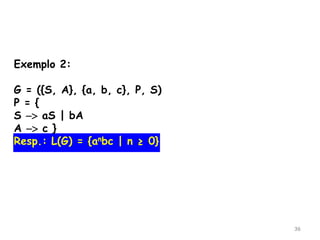 36
Exemplo 2:
G = ({S, A}, {a, b, c}, P, S)
P = {
S -> aS | bA
A -> c }
Resp.: L(G) = {anbc | n ≥ 0}
 