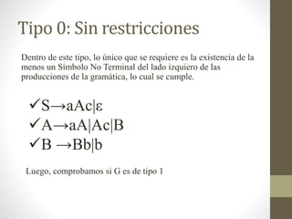 Tipo 0: Sin restricciones
Dentro de este tipo, lo único que se requiere es la existencia de la
menos un Símbolo No Terminal del lado izquiero de las
producciones de la gramática, lo cual se cumple.
S→aAc|ε
A→aA|Ac|B
B →Bb|b
Luego, comprobamos si G es de tipo 1
 