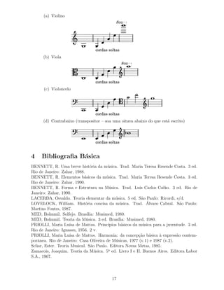 (a) Violino
                                                8va




                                  cordas soltas
      (b) Viola
                                                  8va



                                  cordas soltas
      (c) Violoncelo




                                  cordas soltas
      (d) Contrabaixo (transpositor – soa uma oitava abaixo do que est´ escrito)
                                                                      a



                                  cordas soltas


4    Bibliograﬁa B´sica
                  a
BENNETT, R. Uma breve hist´ria da m´ sica. Trad. Maria Teresa Resende Costa. 3 ed.
                                 o        u
Rio de Janeiro: Zahar, 1988.
BENNETT, R. Elementos b´sicos da m´ sica. Trad. Maria Teresa Resende Costa. 3 ed.
                             a           u
Rio de Janeiro: Zahar, 1990.
BENNETT, R. Forma e Estrutura na M´ sica. Trad. Luis Carlos Cs¨ko. 3 ed. Rio de
                                           u                           e
Janeiro: Zahar, 1990.
LACERDA, Osvaldo. Teoria elementar da m´ sica. 5 ed. S˜o Paulo: Ricordi, s/d.
                                              u             a
                              o                  u             ´
LOVELOCK, William. Hist´ria concisa da m´ sica. Trad. Alvaro Cabral. S˜o Paulo: a
Martins Fontes, 1987.
MED, Bohumil. Solfejo. Bras´   ılia: Musimed, 1980.
MED, Bohumil. Teoria da M´ sica. 3 ed. Bras´
                              u                 ılia: Musimed, 1980.
PRIOLLI, Maria Lu´ de Mattos. Princ´
                     ısa                  ıpios b´sicos da m´sica para a juventude. 3 ed.
                                                  a          u
Rio de Janeiro: Iguassu, 1956. 2 v.
PRIOLLI, Maria Lu´ de Mattos. Harmonia: da concep¸˜o b´sica ` express˜o contem-
                     ısa                                   ca a      a        a
porˆnea. Rio de Janeiro: Casa Oliveira de M´ sicas, 1977 (v.1) e 1987 (v.2).
    a                                          u
Scliar, Ester. Teoria Musical. S˜o Paulo. Editora Novas Metas, 1985.
                                  a
Zamacois, Joaquim. Teoria da M´ sica. 5a ed. Livro I e II. Buenos Aires. Editora Labor
                                    u
S.A., 1967.




                                           17
 