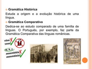  Gramática Histórica
Estuda a origem e a evolução histórica de uma
língua.
 Gramática Comparativa
Dedica-se ao estudo comparado de uma família de
línguas. O Português, por exemplo, faz parte da
Gramática Comparativa das línguas românicas.
 