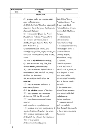 10
Неозначений
a/an
Означений
the
Нульовий
вживається
5) з назвами країн, що складаються з
двох чи більше слів:
the USA, the United Kingdom, а також the
Argentine, the Netherlands, the Sudan, the
Hague, the Vatican;
6) з титулами: the Queen, the Prince
(Але: Queen Victoria, Prince Albert)
7) з назвами історичних подій:
the Middle Ages, the First World War
(але: World War I);
8) зі словами beach, cinema, city,
country(side), ground, jungle, library, pub,
radio, sea, seaside, station, shop, theatre,
world:
She went to the station to see Jim off;
9) з прикметниками only, last, first:
He was the last person to come;
10) з прикметниками, що перейшли в
іменники (the poor, the rich, the young,
the blind, the homeless):
She is writing an article about the
homeless;
11) з прикметниками найвищого
ступеня порівняння:
He is the brightest student of the class;
12) з порядковими числівниками:
the first, the fifth, the fifty-seventh;
13) з прислівниками уранці, удень,
увечері:
in the morning/evening/afternoon;
14) з назвами музичних інструментів й
танців: the piano, the guitar, the tango;
15) з назвами національностей:
the English, the Chinese, the Ukrainians;
16) з ім’ям родини:
the Browns (родина Браунів).
Italy, Oxford Street,
Trafalgar Square, Tower
Bridge, Hyde Park,
Victoria Station, Everest,
Cyprus, Lake Michigan,
Europe;
3) з присвійними
займенниками:
This is not your bag;
4) із словосполученнями,
в яких перше слово є
власною назвою:
Kennedy Airport,
Westminster Abbey;
5) у сталих
словосполученнях:
to be in bed, to be at
school, to be in prison, to
be in hospital, to be at
work, to travel by
car/bus/plane/ train/ship.
Але: in the car, on the
bus/train;
6) зі словами home,
mother/father, коли ми
кажемо про свій дім і
своїх батьків:
Mother is at home;
7) з назвами хвороб:
He’s got malaria.
Але: flu та the flu, measles
та the measles, mumps та
the mumps
 