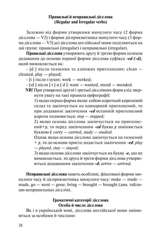 28
Правильні й неправильні дієслова
(Regular and Irregular verbs)
Залежно від форми утворення минулого часу (2 форма
дієслова — V2) і форми дієприкметника минулого часу (3 фор
ма дієслова — V3) усі дієслова англійської мови поділяються на
дві групи: правильні (irregular) і неправильні (irregular).
Правильні дієслова утворюють другу й третю форми шляхом
додавання до основи першої форми дієслова суфікса ed ( d),
який вимовляється як:
[d ] після голосних та дзвінких приголосних: clean —
cleaned, play — played;
[t ] після глухих: work — worked;
[Id ] після [ t ] и [ d ]: want — wanted, mend — mended.
NB! При утворенні другої і третьої дієслівних форм слід звер
нути увагу на такі правила орфографії:
1) якщо перша форма являє собою короткий кореневий
склад та закінчується на одинарний приголосний, то
при додаванні закінчення ed останній приголосний
кореня подвоюється: stop — stopped;
2) якщо основа дієслова закінчується на приголос
ний+y, то перед закінченням ed буква y замінюється
буквою i: carry — carried, study — studied.
Однак якщо основа дієслова закінчується на голосний
+ y, то до основи просто додається закінчення ed: play
— played, stay — stayed;
3) якщо основа дієслова закінчується на букву e, що не
вимовляється, то друга й третя форми дієслова утворю
ються додаванням закінчення d: arrive — arrived.
Неправильні дієслова мають особливі, фіксовані форми ми
нулого часу й дієприкметника минулого часу: make — made —
made, go — went — gone, bring — brought — brought (див. табли
цю неправильных дієслів).
Граматичні категорії дієслова
Особа й число дієслова
Як і в українській мові, дієслова англійської мови зміню
ються за особами й числами:
 
