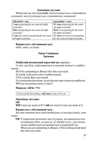 39
Допоміжне дієслово
Минулий час дієслова to be: was (узгоджується з iменником
в однинi), were (узгоджується з іменником у множинi)
I/he/she/it + was we/you/they + were
I was preparing for my exam all night
yesterday.
Was I preparing for my exam all night
yesterday?
I was not (wasn’t) preparing for my exam
all night yesterday.
We were preparing for the exam
all night yesterday.
Were we preparing for the exam
all night yesterday?
We were not (weren’t) preparing
for the exam all night yesterday.
Вживається з обставинами часу:
while, when, as тощо.
Future Continuous
Значення
Майбутній неозначений (простий) час виражає:
1) дію, що буде здійснюватися в певний момент у майбут
ньому:
He’ll be sunbathing in Hawaii this time next week.
2) намір здійснити дію в майбутньому:
I’ll be visiting Kyiv next month.
3) у питальних реченнях, коли йдеться про плани на майбутнє:
Will you be passing exams in June?
Формула: will be +V1:
I/we/you/he/she/it/they will start work at 9 a.m.
Допоміжне дієслово:
will
Will I start my work at 9? I will not (won’t) start my work at 9.
Вживається з обставинами часу:
this time tomorrow/next week/month/year, in two days/weeks, soon
тощо.
NB! У підрядних реченнях часу й умови, що вводяться спо
лучниками when, as soon as, if, whether та ін., для позна
чення майбутньої дії вживається теперішній час:
When you are sunbathing in Hawaii, I’ll be working really hard
this time next week.
 