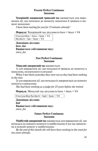 45
Present Perfect Continuous
Значення
Теперішній завершений тривалий час вживається для вира
ження дiї, що почалася до моменту мовлення й тривала в мо
мент мовлення:
I have been waiting for you for 15 minutes already!
Формула: Теперішній час дієслова to have + been + V4
I/we/you/they + have + been + V4
He/she/it + has + been + V4
Допоміжне дієслово:
have, has
Вживається з обставинами часу:
since, for.
Past Perfect Continuous
Значення
Минулий завершений час вживається:
1) для вираження дiї, що почалася й тривала до моменту в
минулому, позначеного в ситуацiї:
When I met them yesterday they were wet as they had been walking
in the rain.
2) для вираження дiї, що почалася й завершилася до певного
моменту в минулому:
She had been working as a judge for 25 years before she retired.
Формула: Минулий час дієслова to have + been + V4
I/we/you/they/he/she/it + had + been + V4
Допоміжне дієслово:
had
Вживається з обставинами часу:
since, for.
Future Perfect Continuous
Значення
Майбутній завершений час вживається для вираження дiї, що
почалася до певного моменту в майбутньому й усе ще тривати
ме в певний момент у майбутньому:
By the end of this month she will have been working in the court for
two years already.
 