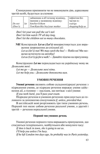 63
Спонукання припинити чи не виконувати дію, адресоване
третій особі, будується за схемою:
Do not
(Don’t)
let
займенник в об’єктному відмінку,
іменник у називному відмінку:
him/her/it/them
Tom/Kate/this boy/your mother
інфінітив без
частки to:
wait/go
shopping/help us
Don’t let your son pull the cat’s tail.
Don’t let him watch TV all day long.
Don’t let the children eat so many chocolates.
NB! Конструкція Let us (Let’s) використовується для вира
ження запрошення до спільної дії:
Let us (let’s) run! We may catch the bus! — Побігли! Ми мо
жемо встигнути на автобус!
Let us (Let’s) go for a walk! — Давайте підемо на прогулянку.
Конструкция Let me перекладається на українську мову як
Дозвольте мені:
Let me go — Дозвольте мені піти.
Let me help you. Дозвольте допомогти вам.
УМОВНІ РЕЧЕННЯ
Умовні речення являють собою складнопідрядні речення з
підрядними умови, де підрядне речення виражає умови здійс
нення дії, а головне — наслідок, що витікає з цієї умови:
If you work hard, you’ll pass your exam.
Підрядне речення в умовних реченнях приєднується до го
ловного за допомогою сполучників if, unless, provided that.
В англійській мові розрізнюють три типи умовних речень.
Перший тип являє собою речення реальної умови, а другий і
третій — речення нереальної умови.
Перший тип умовних речень
Умовні речення першого типа виражають припущення, що
стосуються теперішнього, майбутнього або минулого часу:
If Ann is back in town, she is going to see us.
I’ll help you unless I’m busy.
If he left London two days ago, he probably was in Paris yesterday.
 