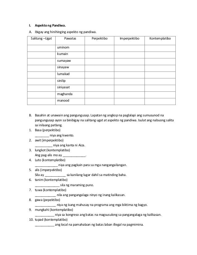 Aspekto Ng Pandiwa Worksheets