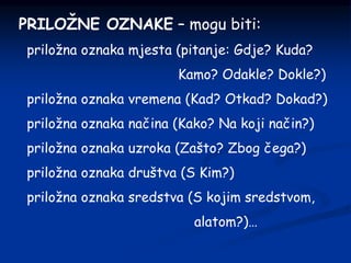 PRILOŽNE OZNAKE – mogu biti:
priložna oznaka mjesta (pitanje: Gdje? Kuda?
Kamo? Odakle? Dokle?)
priložna oznaka vremena (Kad? Otkad? Dokad?)
priložna oznaka načina (Kako? Na koji način?)
priložna oznaka uzroka (Zašto? Zbog čega?)
priložna oznaka društva (S Kim?)
priložna oznaka sredstva (S kojim sredstvom,
alatom?)…
 