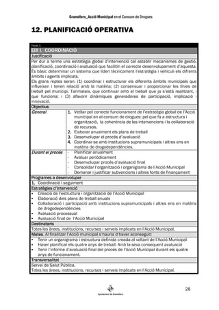 12. PLANIFICACIÓ OPERATIVA
Taula 1.
EIX I. COORDINACIÓ
Justificació
Per dur a terme una estratègia global d’intervenció cal establir mecanismes de gestió,
planificació, coordinació i avaluació que facilitin el correcte desenvolupament d’aquesta.
És bàsic determinar un sistema que lideri tècnicament l’estratègia i vehiculi els difrents
àmbits i agents implicats.
Els grans reptes seran: (1) coordinar i estructurar els diferents àmbits municipals que
influeixen i tenen relació amb la matèria; (2) consensuar i proporcionar les línies de
treball pel municipi. Tanmateix, que continuar amb el treball que ja s’està realitzant, i
que funciona; i (3) afavorir dinàmiques generadores de participació, implicació i
innovació.
Objectius
General              1. Vetllar pel correcte funcionament de l’estratègia global de l’Acció
                         municipal en el consum de drogues: pel que fa a estructura i
                         organització, la coherència de les intervencions i la col—laboració
                         de recursos.
                     2. Elaborar anualment els plans de treball
                     3. Desenvolupar el procés d’avaluació
                     4. Coordinar-se amb institucions supramunicipals i altres ens en
                         matèria de drogodependències.
Durant el procés - Planificar anualment
                     - Avaluar periòdicament
                     - Desenvolupar procés d’avaluació final
                     - Consolidar l’organització i organigrama de l’Acció Municipal
                     - Demanar i justificar subvencions i altres fonts de finançament
Programes a desenvolupar
1. Coordinació i seguiment
Estratègies d’intervenció
    Creació de l’estructura i organització de l’Acció Municipal
    Elaboració dels plans de treball anuals
    Col—laboració i participació amb institucions supramunicipals i altres ens en matèria
    de drogodependències
    Avaluació processual
    Avaluació final de l’Acció Municipal
Destinataris
Totes les àrees, institucions, recursos i serveis implicats en l’Acció Municipal.
Metes.
Metes Al finalitzar l’Acció municipal s’hauria d’haver aconseguit:
    Tenir un organigrama i estructura definida creada al voltant de l’Acció Municipal
    Haver planificat els quatre anys de treball. Amb la seva consequent avaluació
    Tenir l’informe d’avaluació final del procés de l’Acció Municipal durant els quatre
    anys de funcionament.
Transversalitat
Servei de Salut Pública.
Totes les àrees, institucions, recursos i serveis implicats en l’Acció Municipal.



                                                                                     28
 