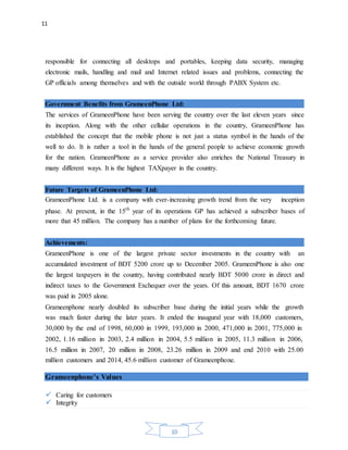 10
11
responsible for connecting all desktops and portables, keeping data security, managing
electronic mails, handling and mail and Internet related issues and problems, connecting the
GP officials among themselves and with the outside world through PABX System etc.
Government Benefits from GrameenPhone Ltd:
The services of GrameenPhone have been serving the country over the last eleven years since
its inception. Along with the other cellular operations in the country, GrameenPhone has
established the concept that the mobile phone is not just a status symbol in the hands of the
well to do. It is rather a tool in the hands of the general people to achieve economic growth
for the nation. GrameenPhone as a service provider also enriches the National Treasury in
many different ways. It is the highest TAXpayer in the country.
Future Targets of GrameenPhone Ltd:
GrameenPhone Ltd. is a company with ever-increasing growth trend from the very inception
phase. At present, in the 15th
year of its operations GP has achieved a subscriber bases of
more that 45 million. The company has a number of plans for the forthcoming future.
Achievements:
GrameenPhone is one of the largest private sector investments in the country with an
accumulated investment of BDT 5200 crore up to December 2005. GrameenPhone is also one
the largest taxpayers in the country, having contributed nearly BDT 5000 crore in direct and
indirect taxes to the Government Exchequer over the years. Of this amount, BDT 1670 crore
was paid in 2005 alone.
Grameenphone nearly doubled its subscriber base during the initial years while the growth
was much faster during the later years. It ended the inaugural year with 18,000 customers,
30,000 by the end of 1998, 60,000 in 1999, 193,000 in 2000, 471,000 in 2001, 775,000 in
2002, 1.16 million in 2003, 2.4 million in 2004, 5.5 million in 2005, 11.3 million in 2006,
16.5 million in 2007, 20 million in 2008, 23.26 million in 2009 and end 2010 with 25.00
million customers and 2014, 45.6 million customer of Grameenphone.
Grameenphone’s Values
 Caring for customers
 Integrity
 