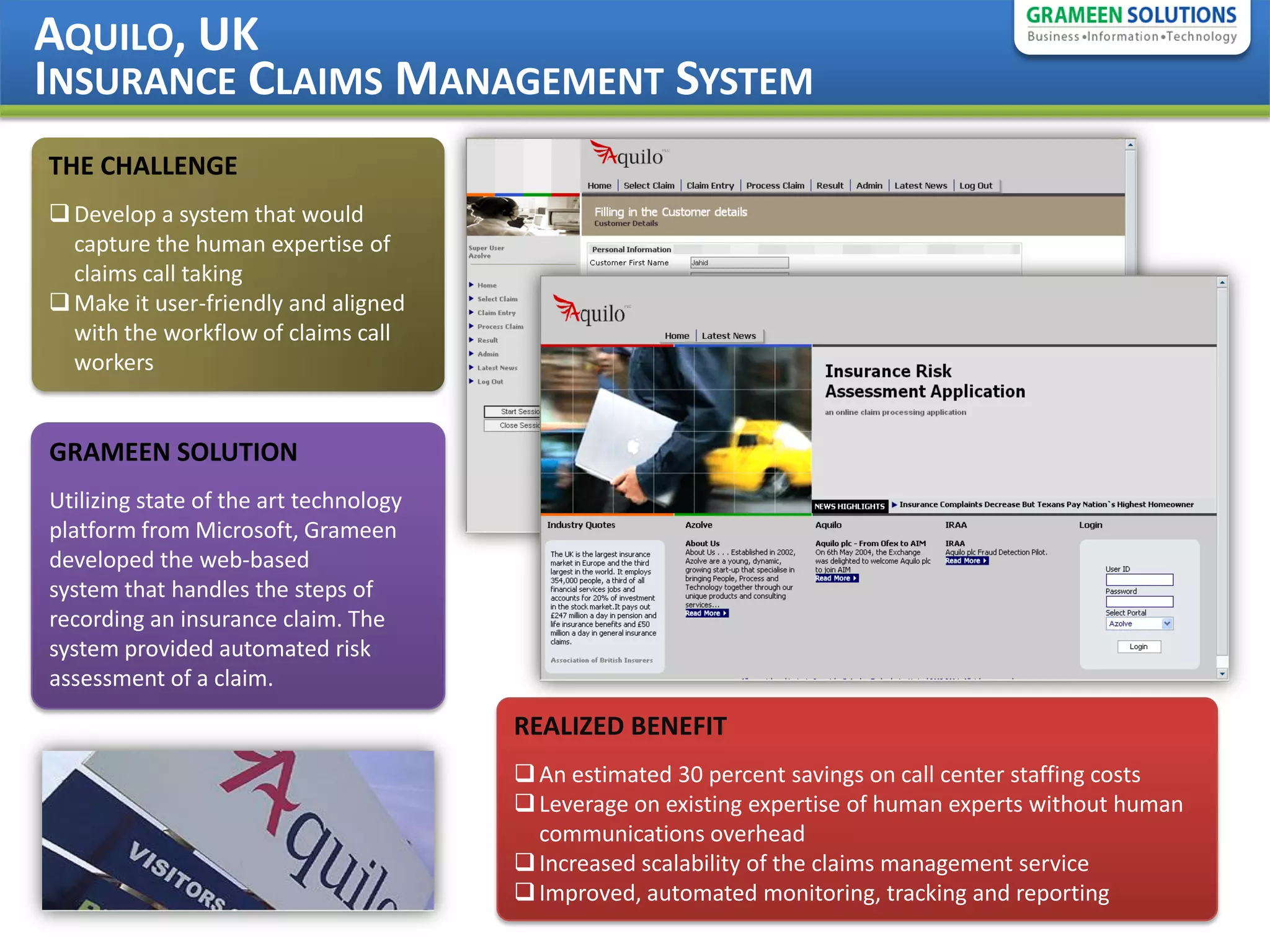 AQUILO, UK
INSURANCE CLAIMS MANAGEMENT SYSTEM
THE CHALLENGE
 Develop a system that would
  capture the human expertise of
  claims call taking
 Make it user-friendly and aligned
  with the workflow of claims call
  workers


GRAMEEN SOLUTION
Utilizing state of the art technology
platform from Microsoft, Grameen
developed the web-based
system that handles the steps of
recording an insurance claim. The
system provided automated risk
assessment of a claim.
                                        REALIZED BENEFIT
                                         An estimated 30 percent savings on call center staffing costs
                                         Leverage on existing expertise of human experts without human
                                          communications overhead
                                         Increased scalability of the claims management service
                                         Improved, automated monitoring, tracking and reporting
 