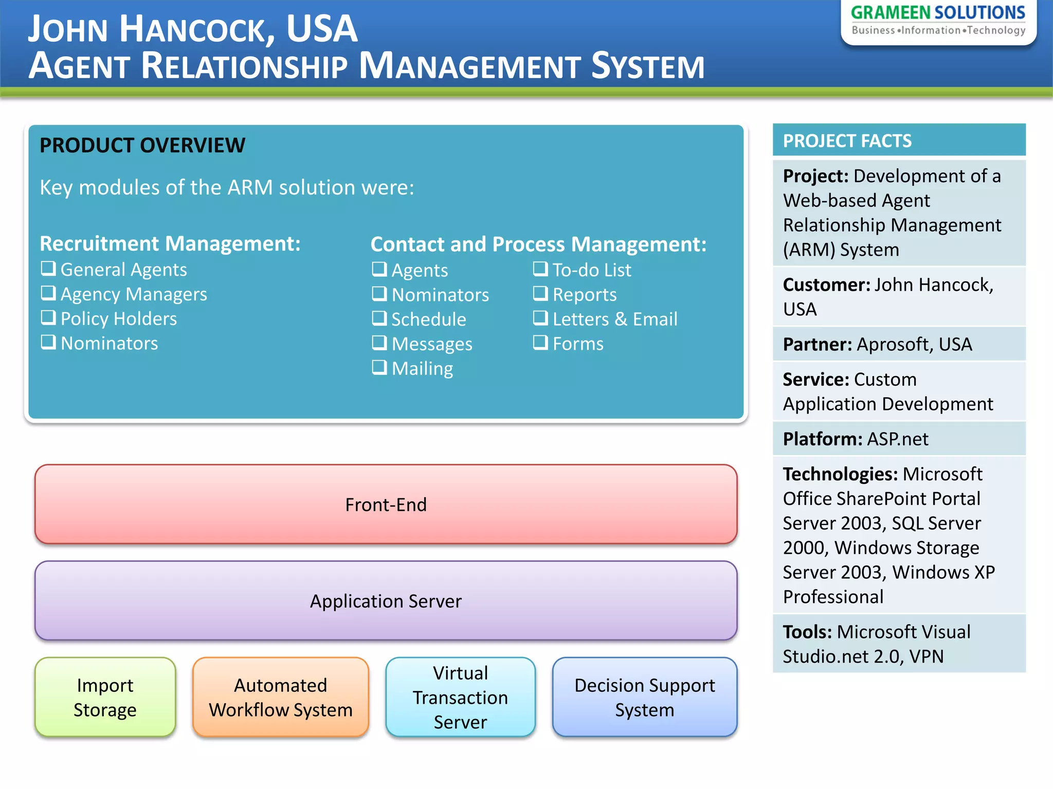 JOHN HANCOCK, USA
AGENT RELATIONSHIP MANAGEMENT SYSTEM
PRODUCT OVERVIEW                                                               PROJECT FACTS
                                                                               Project: Development of a
Key modules of the ARM solution were:
                                                                               Web-based Agent
                                                                               Relationship Management
Recruitment Management:               Contact and Process Management:          (ARM) System
 General Agents                       Agents           To-do List
 Agency Managers                      Nominators       Reports              Customer: John Hancock,
 Policy Holders                       Schedule         Letters & Email      USA
 Nominators                           Messages         Forms                Partner: Aprosoft, USA
                                       Mailing
                                                                               Service: Custom
                                                                               Application Development
                                                                               Platform: ASP.net
                                                                               Technologies: Microsoft
                                  Front-End                                    Office SharePoint Portal
                                                                               Server 2003, SQL Server
                                                                               2000, Windows Storage
                                                                               Server 2003, Windows XP
                              Application Server                               Professional
                                                                               Tools: Microsoft Visual
                                                                               Studio.net 2.0, VPN
                                            Virtual
   Import             Automated                             Decision Support
                                          Transaction
   Storage          Workflow System                              System
                                             Server
 