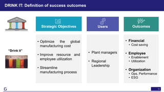 16
DRINK IT: Definition of success outcomes
Strategic Objectives Users Outcomes
• Optimize the global
manufacturing cost
•...