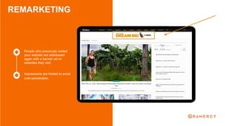 REMARKETING
Impressions are limited to avoid
over-penetration.
People who previously visited
your website are addressed
again with a banner ad on
websites they visit.
 