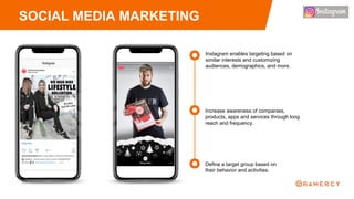 SOCIAL MEDIA MARKETING
Increase awareness of companies,
products, apps and services through long
reach and frequency.
Instagram enables targeting based on
similar interests and customizing
audiences, demographics, and more.
Define a target group based on
their behavior and activities.
 